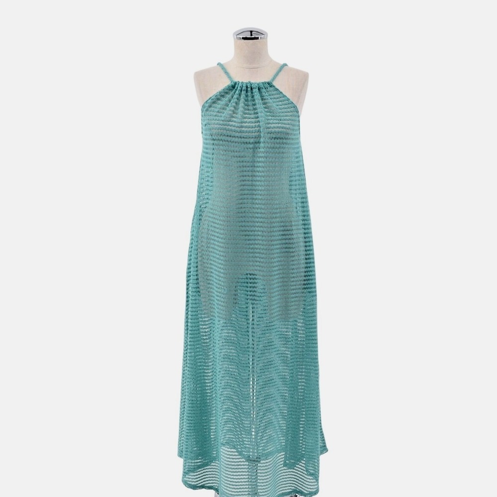 HAUTE HIPPIE Green Crochet Maxi Dress‎ Size M Cover Up Beach Aqua Boho Pockets